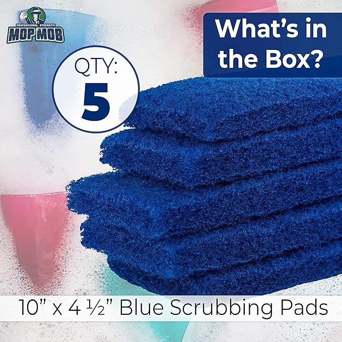 Medium Duty XL Blue Scouring Pad 5 Pack. 10 x 4.5in Large Multipurpose Nylon Scrubbing Sponges. Clean Kitchens, Bathrooms, Counters and Floors to Erase Grime and Make Surfaces Sparkle
