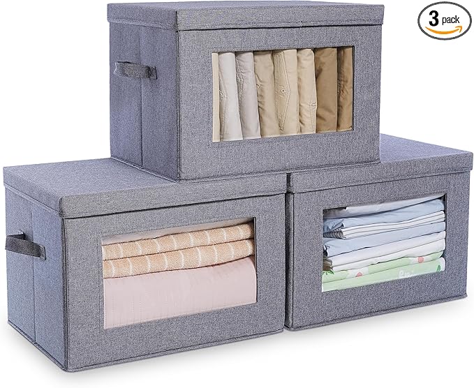 Citylife 3-Pack Collapsible Storage Bins with Lids, Linen Fabric Foldable Storage Boxes, Cube Closet Organization for Clothes, Blankets, Books, Gray