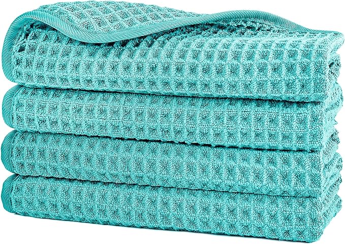 POLYTE Microfiber Lint Free Washcloth Face Towel, 13 x 13 in, 4 Pack (Waffle Weave)